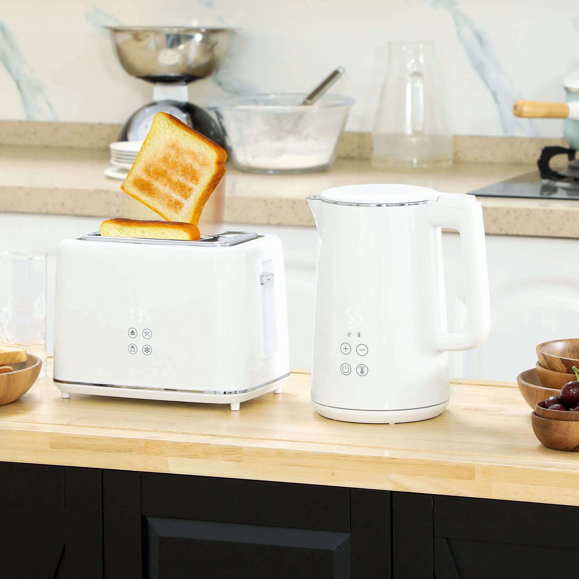 1.5L 3000W Fast Boil Electric Kettle and 2 Slice Toaster Set, White