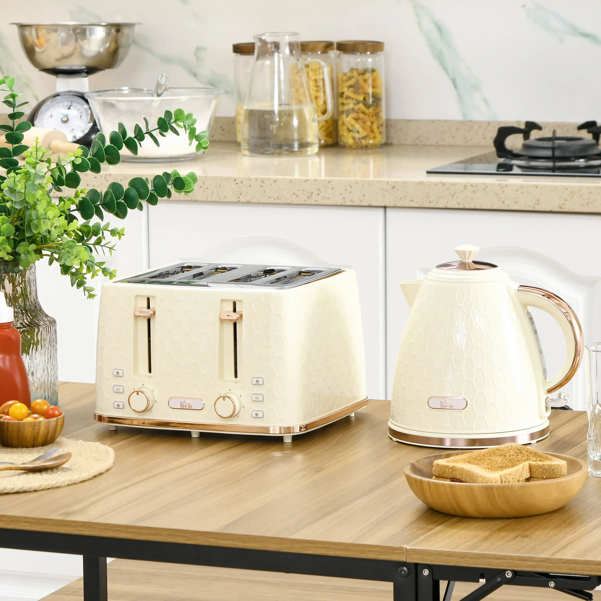 1.7L Kettle and Toaster Set with Defrost Reheat and Crumb Tray Beige