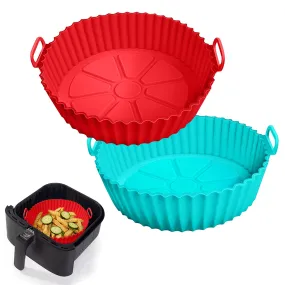 2 Pack Air Fryer Silicone Liners Pot for 3 to 5 QT, Basket Bowl, Replacement of Flammable Parchment Paper, Reusable Baking Tray Oven Accessories, Red Blue, (Top 8in, Bottom 6.75in)