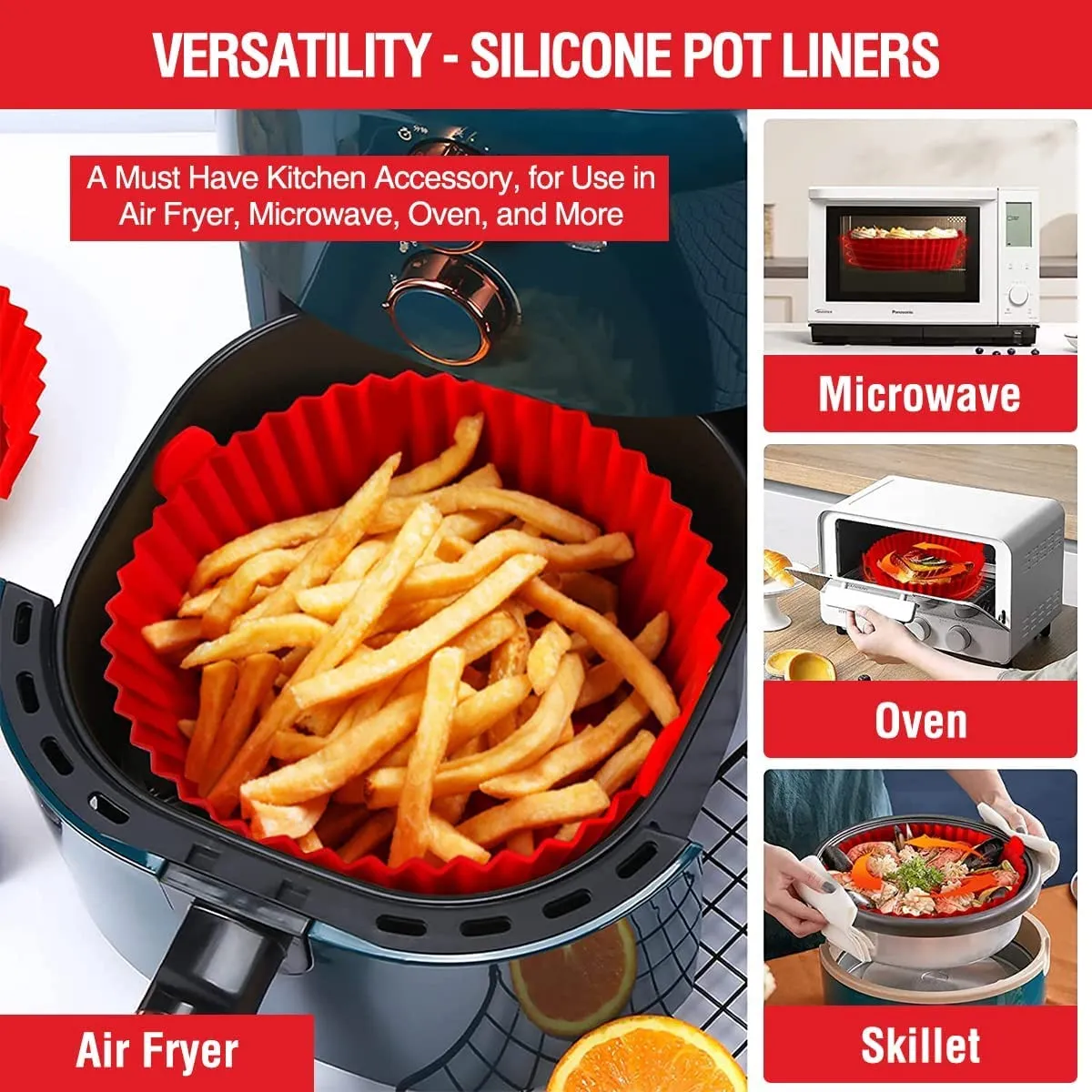 2 Pack Air Fryer Silicone Liners Pot for 3 to 5 QT, Basket Bowl, Replacement of Flammable Parchment Paper, Reusable Baking Tray Oven Accessories, Red Blue, (Top 8in, Bottom 6.75in)