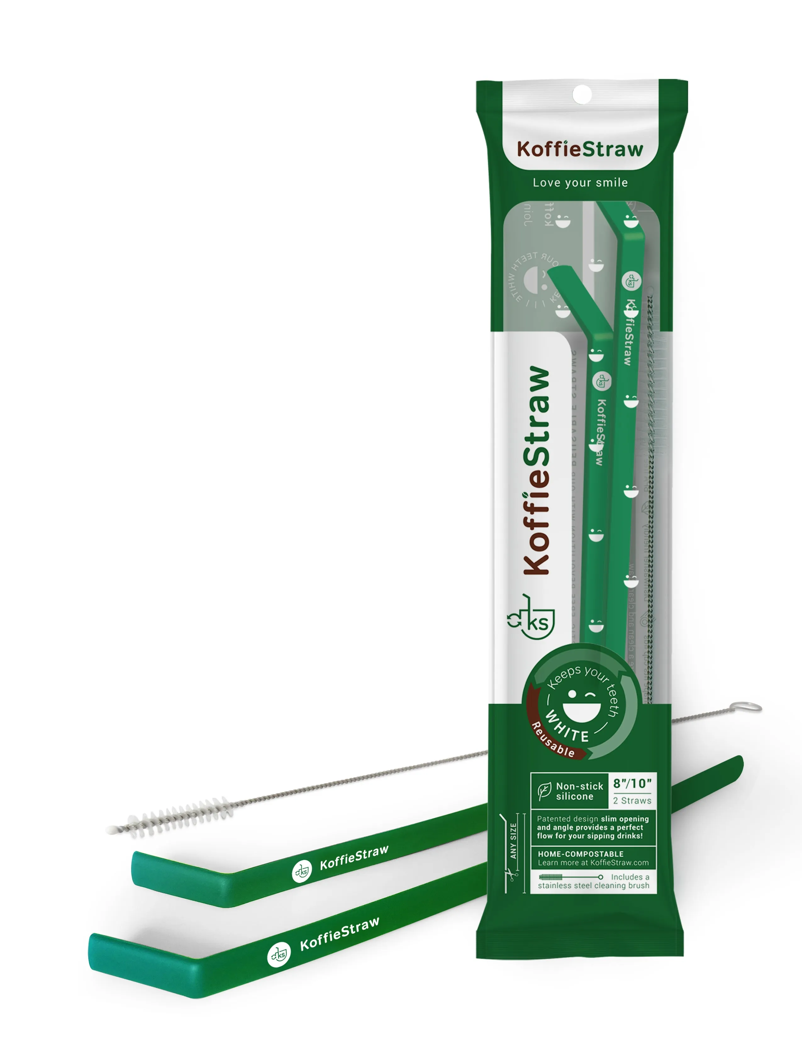 2-Pack of Green KoffieStraws: Green 10"   Green 8" with stainless steel cleaning brush in home-compostable packaging