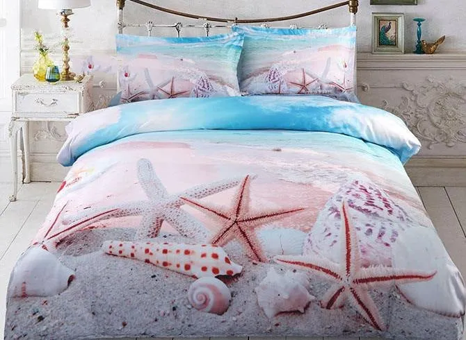 3D Starfish and Shells on the Beach Printed Cotton Luxury 4-Piece Bedding Sets