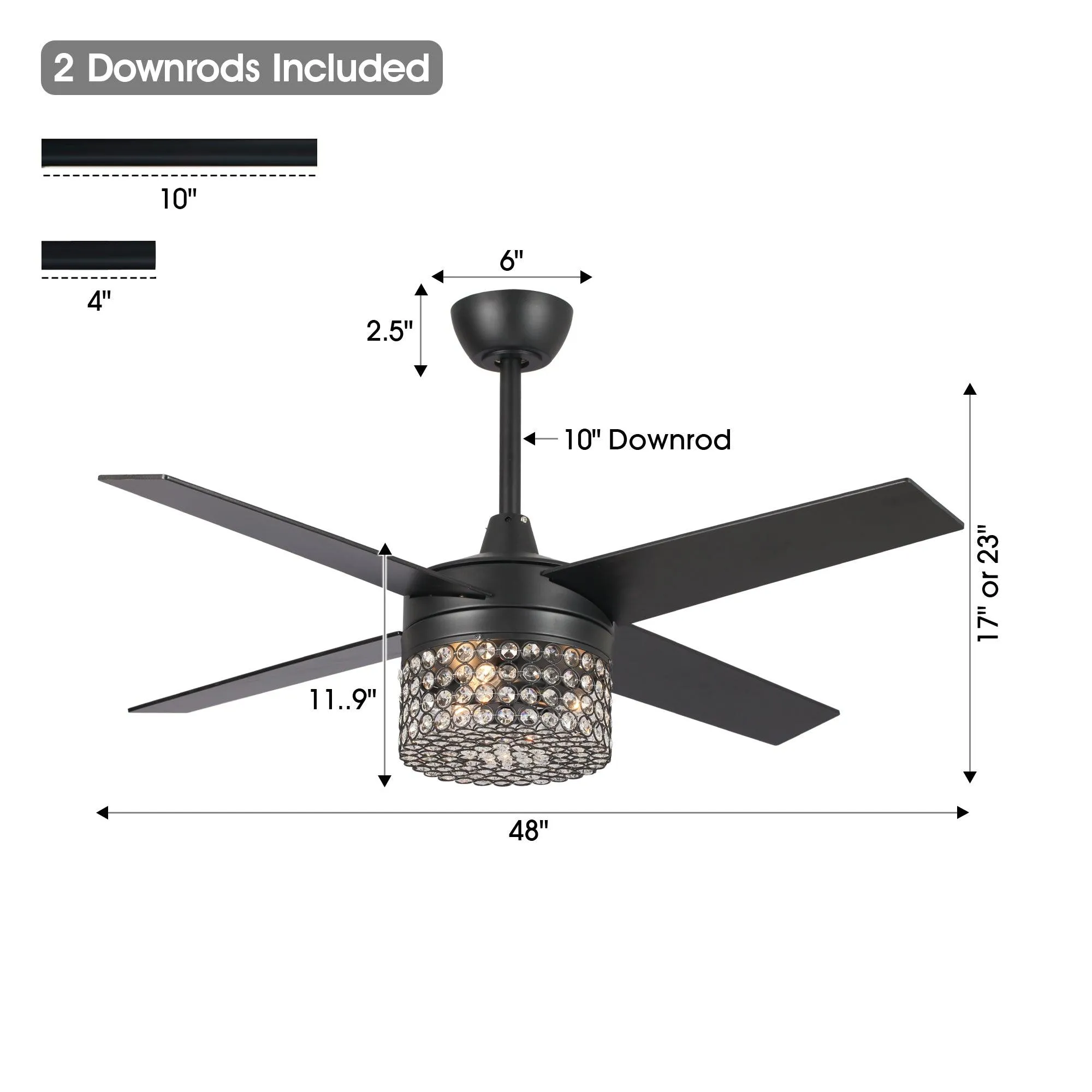 48" Pune Modern Downrod Mount Reversible Crystal Ceiling Fan with Lighting and Remote Control