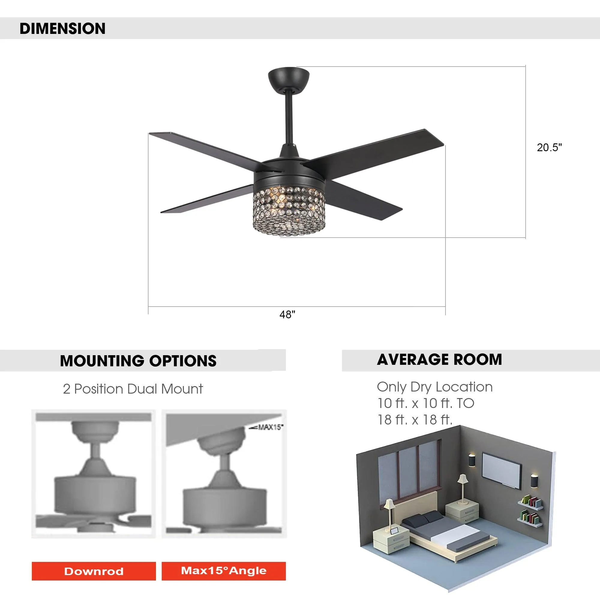 48" Pune Modern Downrod Mount Reversible Crystal Ceiling Fan with Lighting and Remote Control