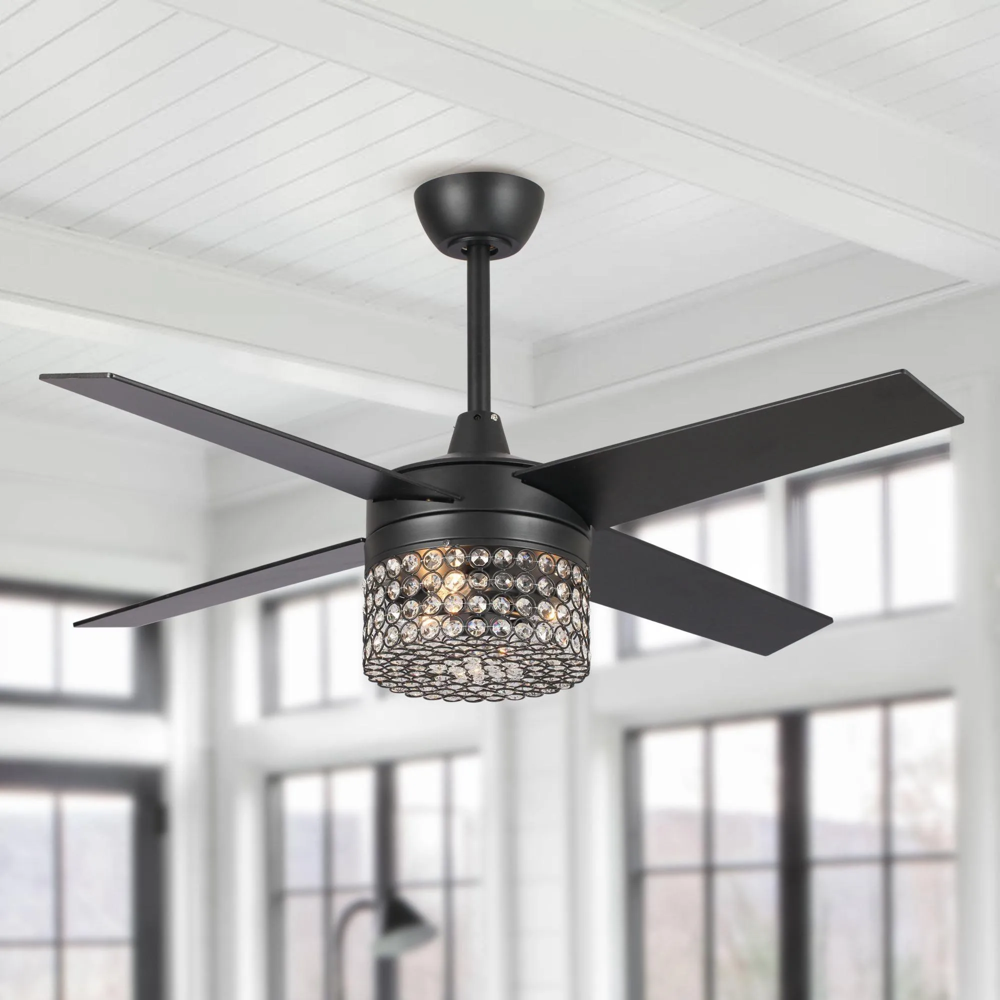 48" Pune Modern Downrod Mount Reversible Crystal Ceiling Fan with Lighting and Remote Control