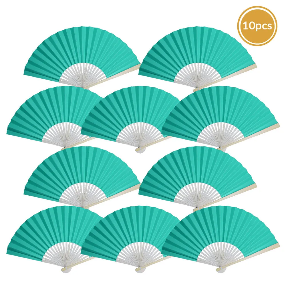 9" Water Blue Paper Hand Fans for Weddings, Premium Paper Stock (10 Pack)