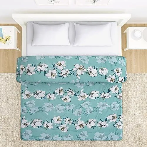 AC Comforter and Bedding Set for Double Bed, Hibiscus Floral Turquoise