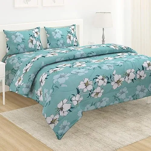 AC Comforter and Bedding Set for Double Bed, Hibiscus Floral Turquoise