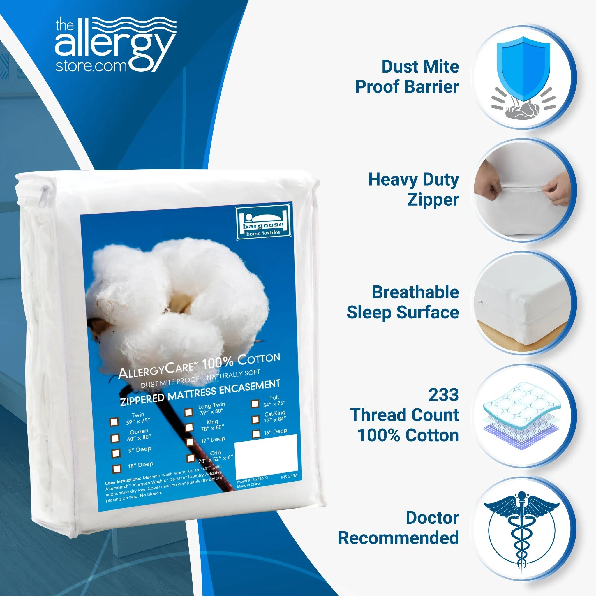 AllergyCare™ - Cotton Zippered Mattress Encasement Protector by Bargoose Home Textiles