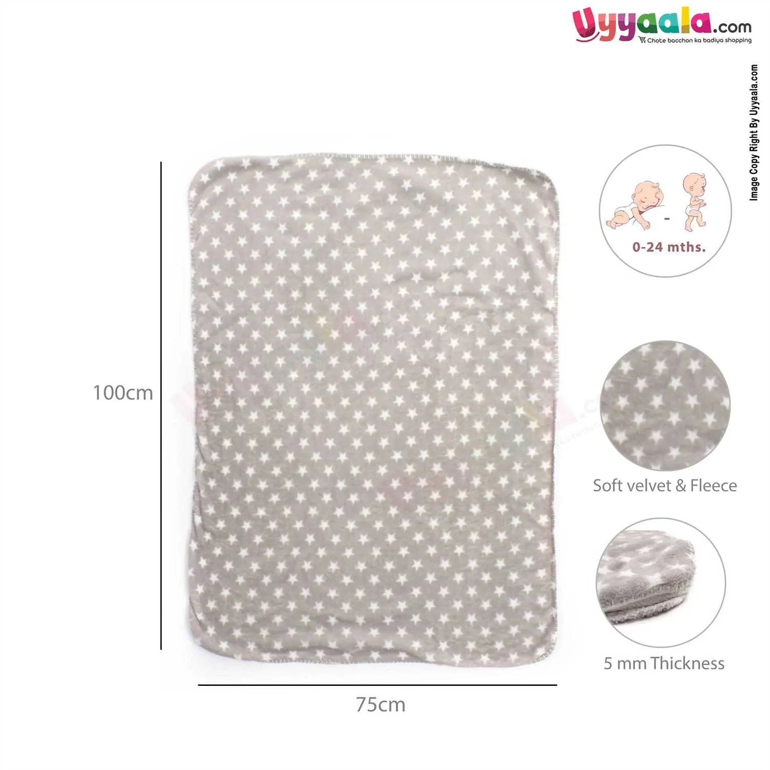 Baby Blanket One Side Fur With Ultra Soft, Star Print 0 to 24m, Gray