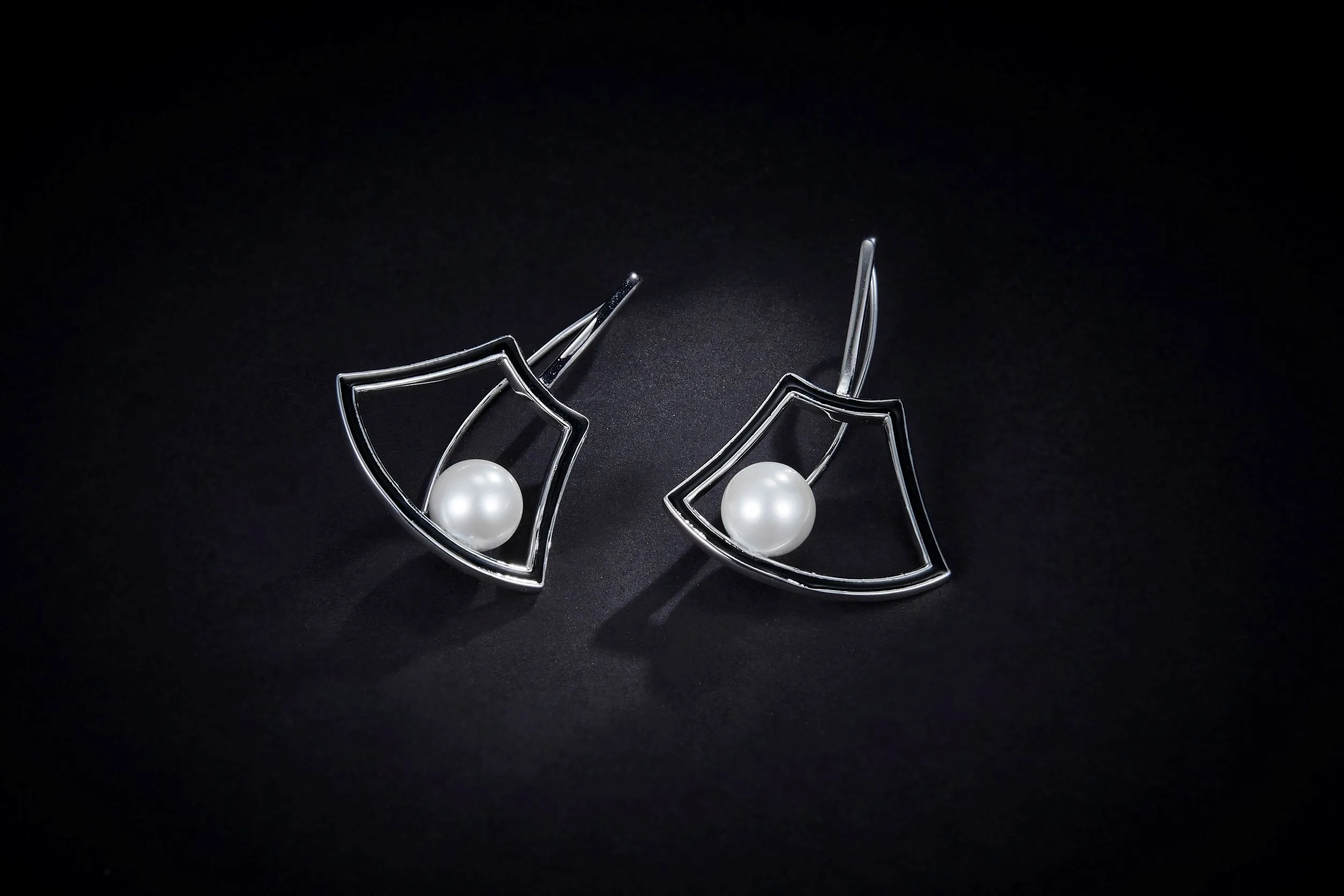 Black Enamel Pearl Fan Drop Earrings