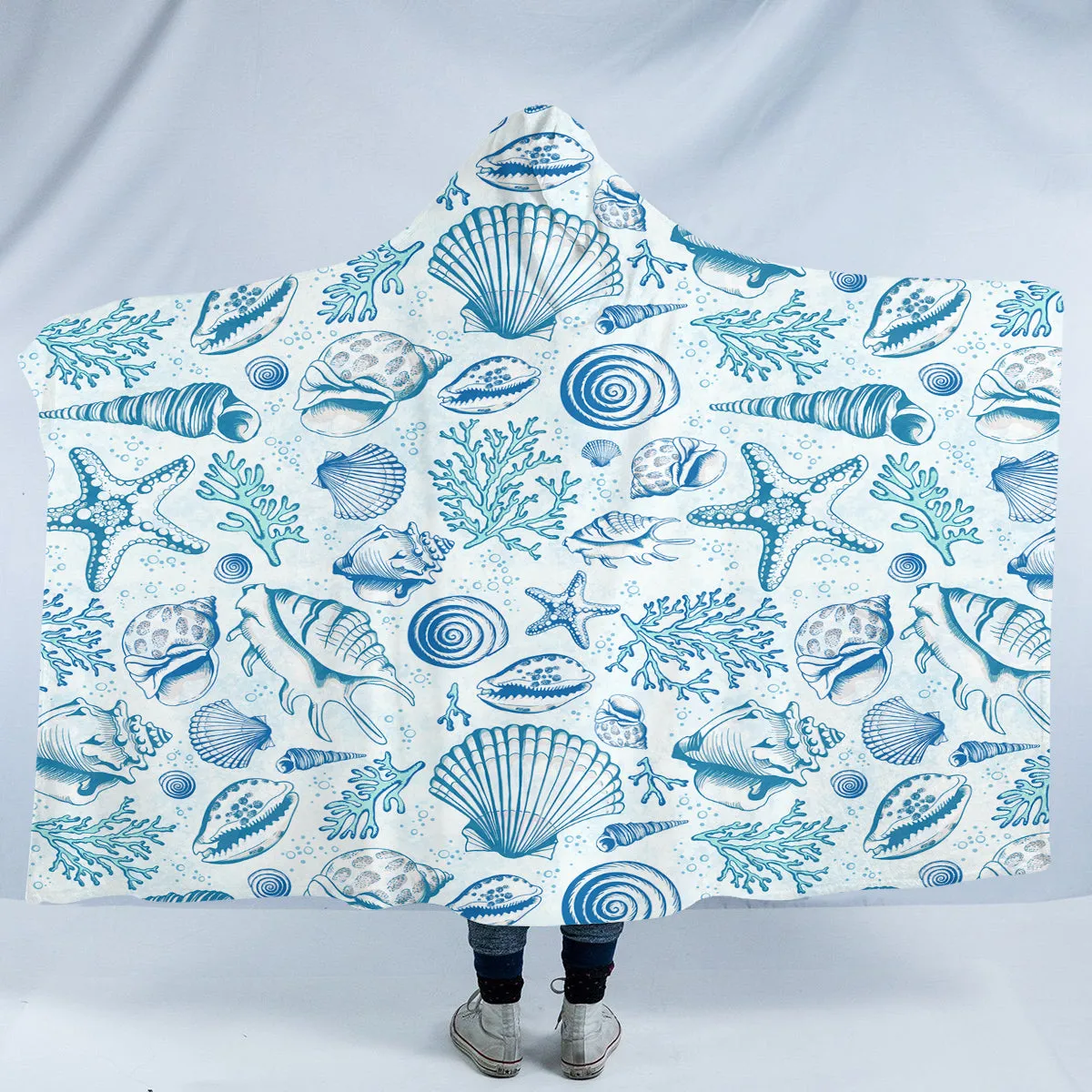 Blue Seashells Cozy Hooded Blanket