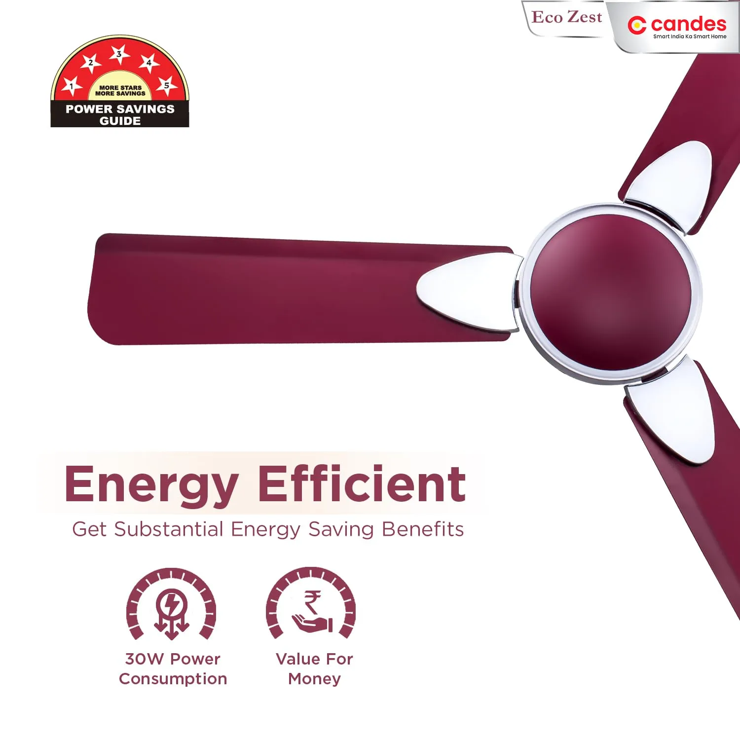 Candes Eco Zest Bldc Ceiling Fan 1200Mm / 48 Inch | Bee 5 stars Rated, Upto 65% Energy Saving, High Air Delivery & High Speed Ceiling Fans For Home With Remote | 2 1 Years Warranty | Maroon