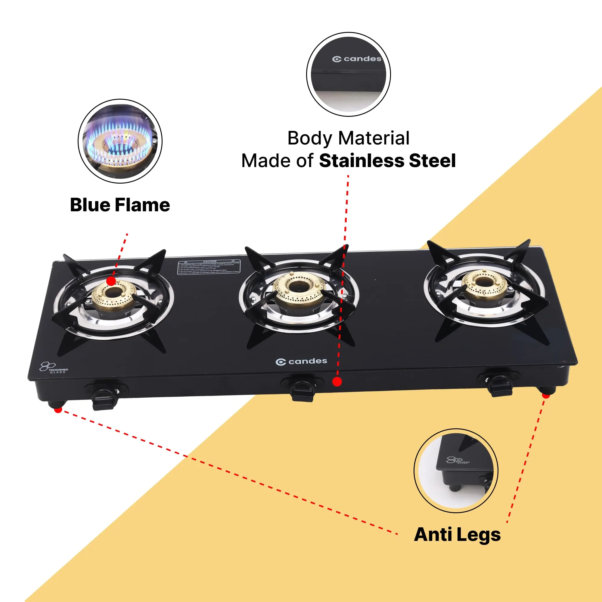 Candes Gas Stove 3 Burners Auto Ignition | 3 Burner Gas Stove with Premium Gas Saver Tornado Burners | 6mm Toughened Glass Gas Chulha 3 Burner | LPG Compatible | ISI Certified | 1 Yr Warranty