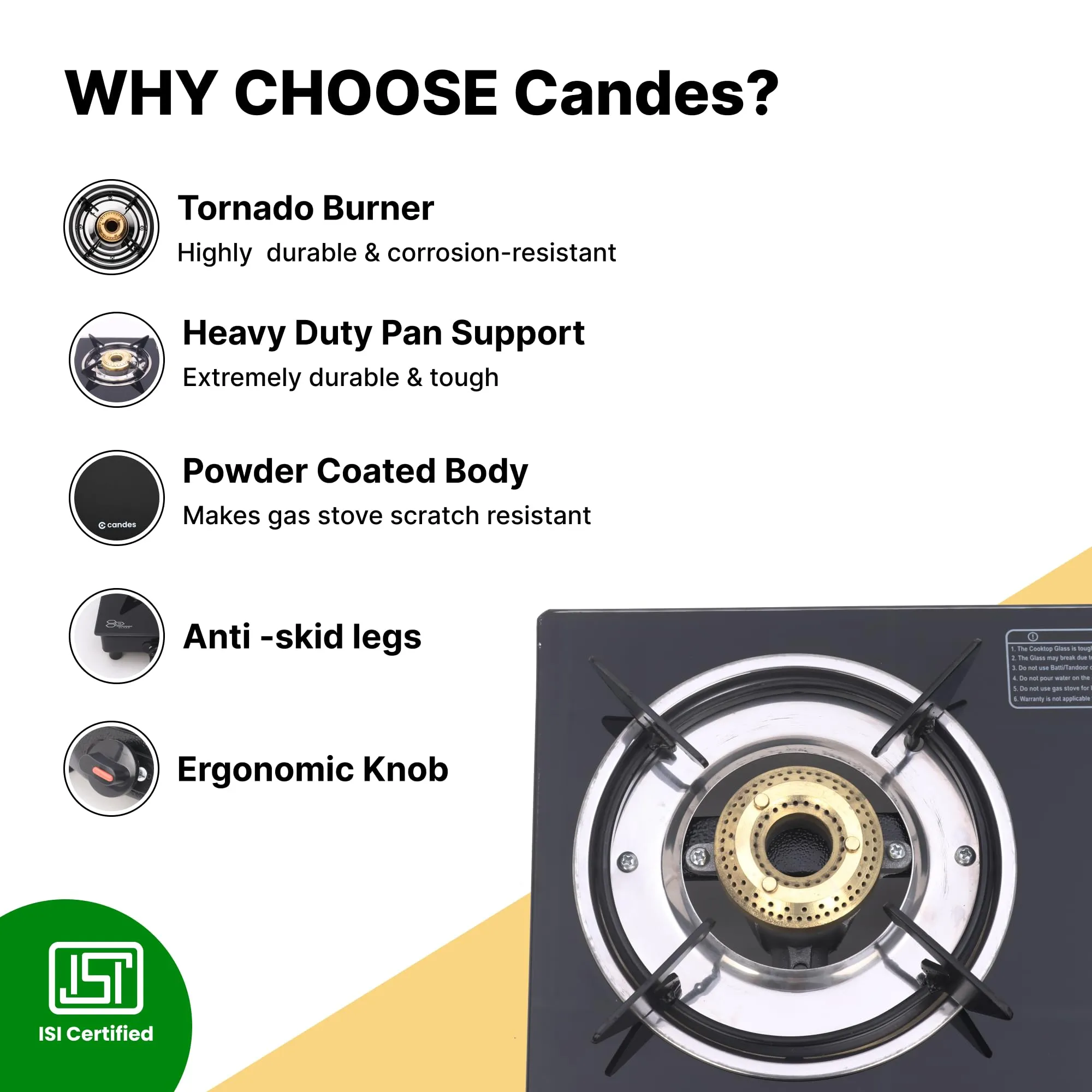 Candes Gas Stove 3 Burners Auto Ignition | 3 Burner Gas Stove with Premium Gas Saver Tornado Burners | 6mm Toughened Glass Gas Chulha 3 Burner | LPG Compatible | ISI Certified | 1 Yr Warranty