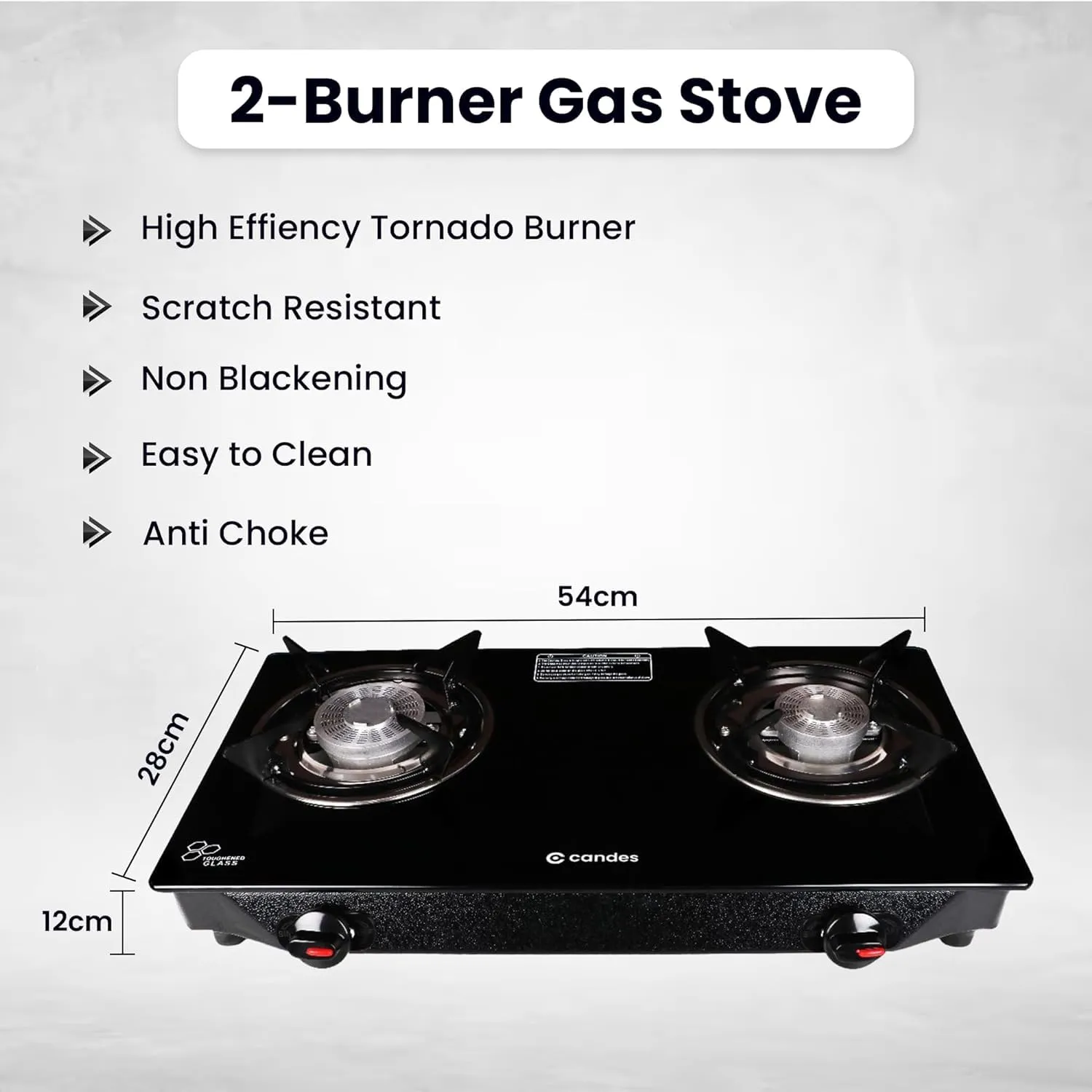 Candes Toughened Glass 2 Burner Manual Gas Stove |Die Cast Alloy Tornado Burner | LPG Compatible |ISI Certified | Tempered Glass (Pack of 2)