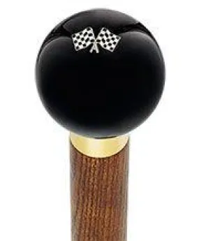 Checkered Racing Flags Black Round Knob Cane w/ Custom Color Ash Shaft & Collar