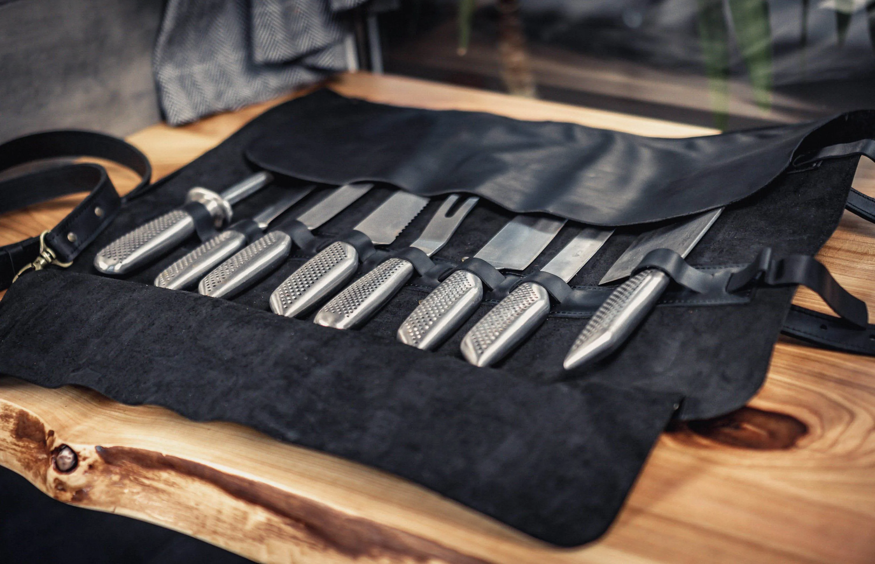 Chefs Knife Roll | Black Leather Knife Roll Bag | Free Personalization