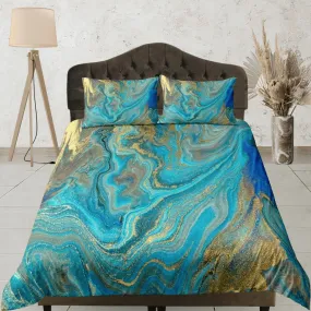 Contemporary bedroom set green aesthetic duvet cover, luxury gold marble abstract art room decor boho chic bedding set full king queen