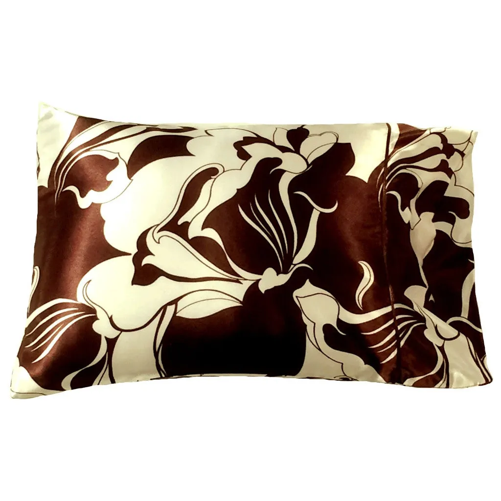 Couch Accent Pillow. Brown and White Iris Satin Washable, Dryer Safe.