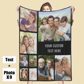 Custom 9 Photos Text Black Fleece Blanket Gift for Him/Her