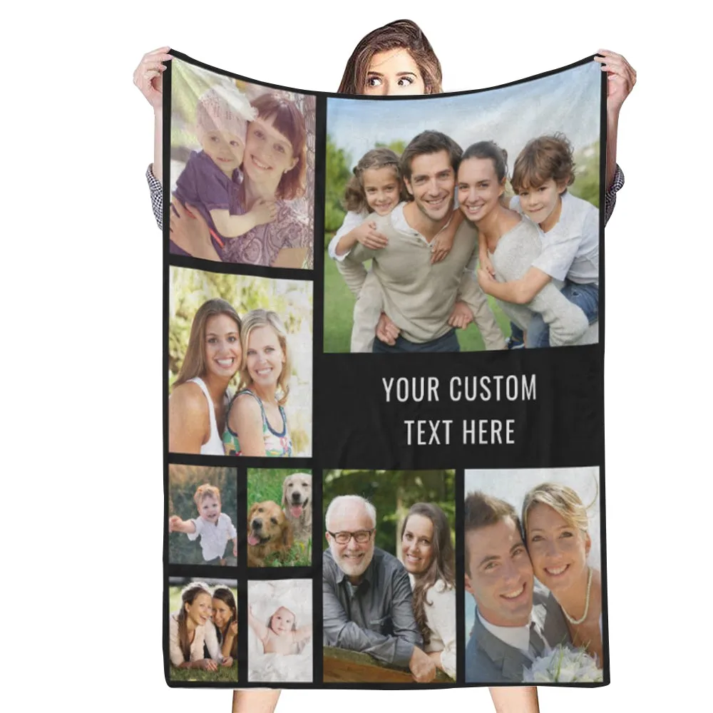 Custom 9 Photos Text Black Fleece Blanket Gift for Him/Her