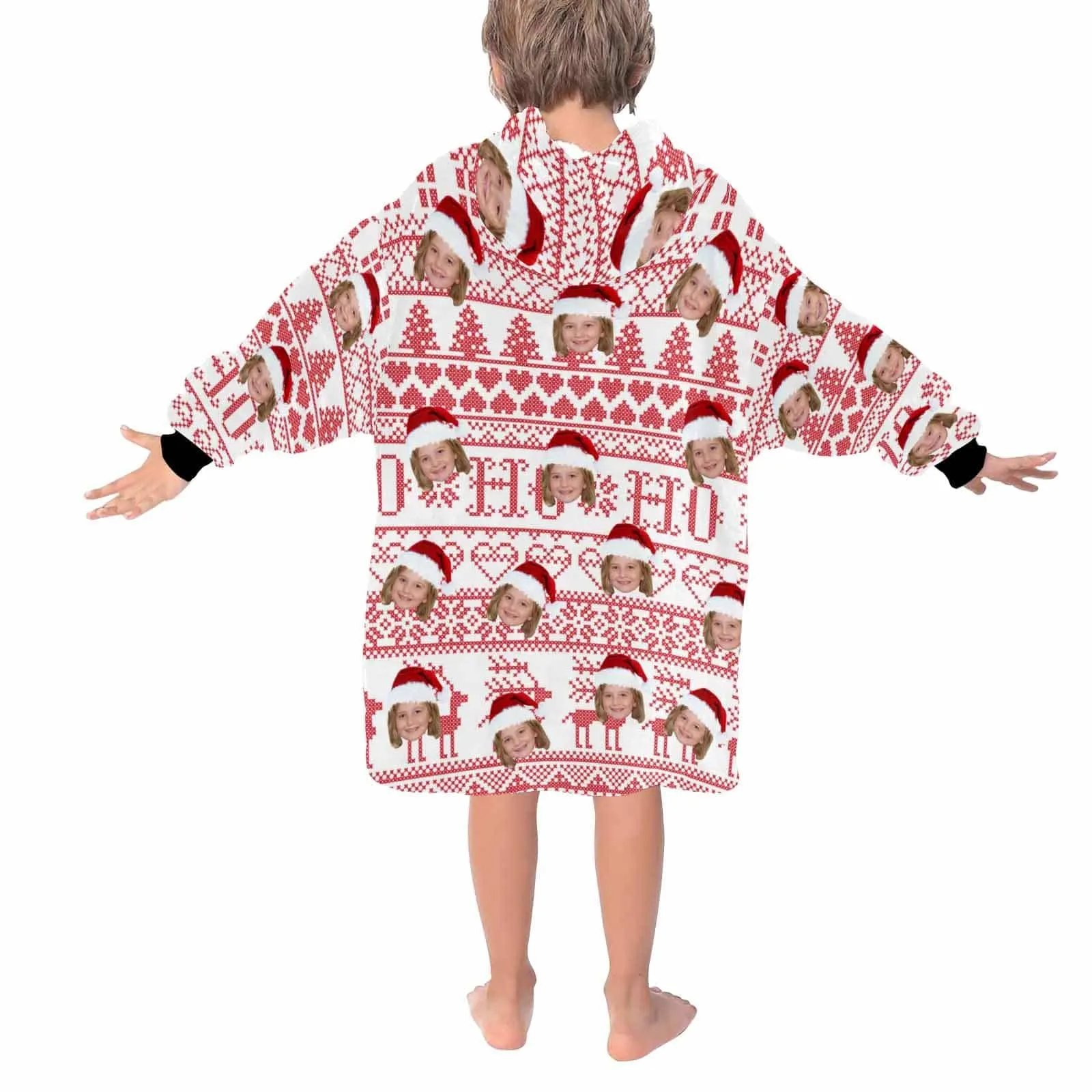 Custom Face Christmas Hat Kids Hooded Pajama Fleece Loungewear For Kid