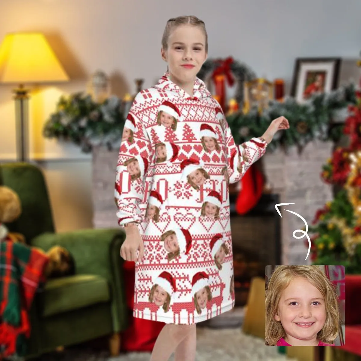 Custom Face Christmas Hat Kids Hooded Pajama Fleece Loungewear For Kid