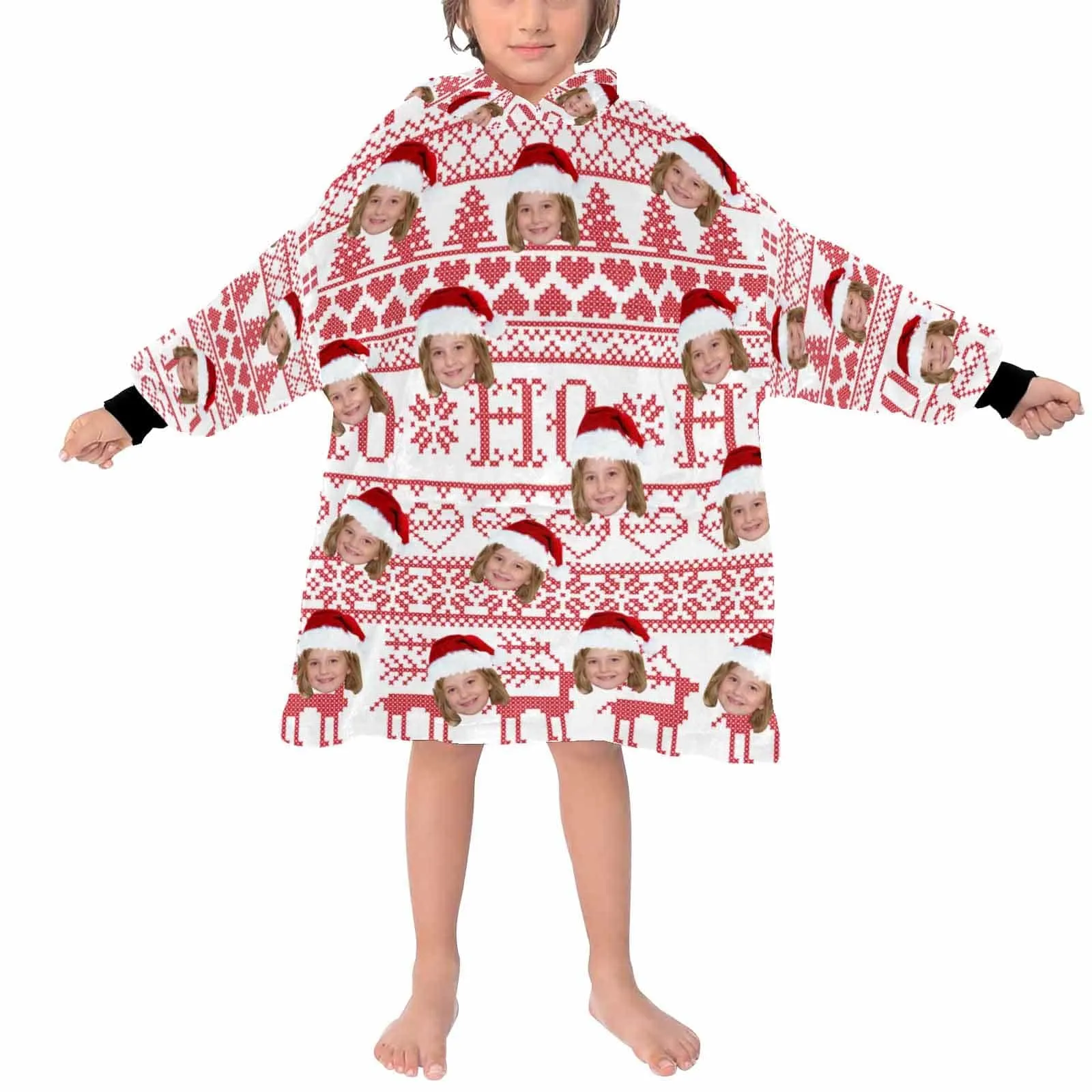 Custom Face Christmas Hat Kids Hooded Pajama Fleece Loungewear For Kid