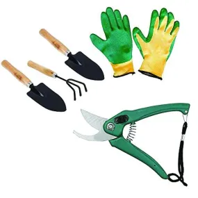 DeoDap Gardening Tools - Falcon Gloves, Flower Cutter/Scissor & Garden Tool Wooden Handle (3pcs-Hand Cultivator, Small Trowel, Garden Fork)