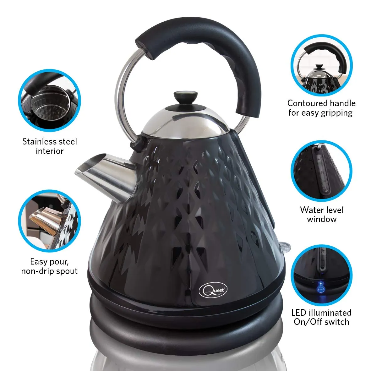 Fast Boil Diamond Cut Pyramid Shape Cordless Kettle, 3000 W, 1.7 Litres, Black