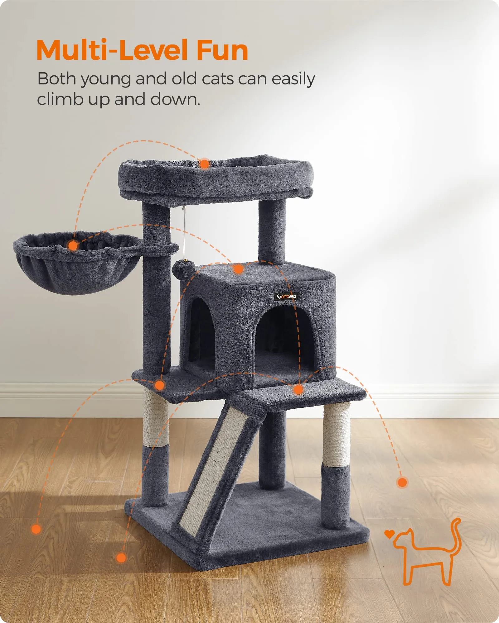 Feandrea 37.8 Inch Cat Tree Multi Level Tower With Perch Cave & Scratching Posts