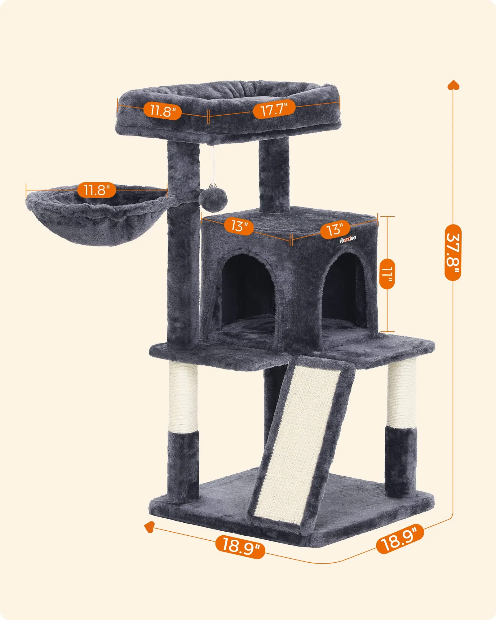 Feandrea 37.8 Inch Cat Tree Multi Level Tower With Perch Cave & Scratching Posts