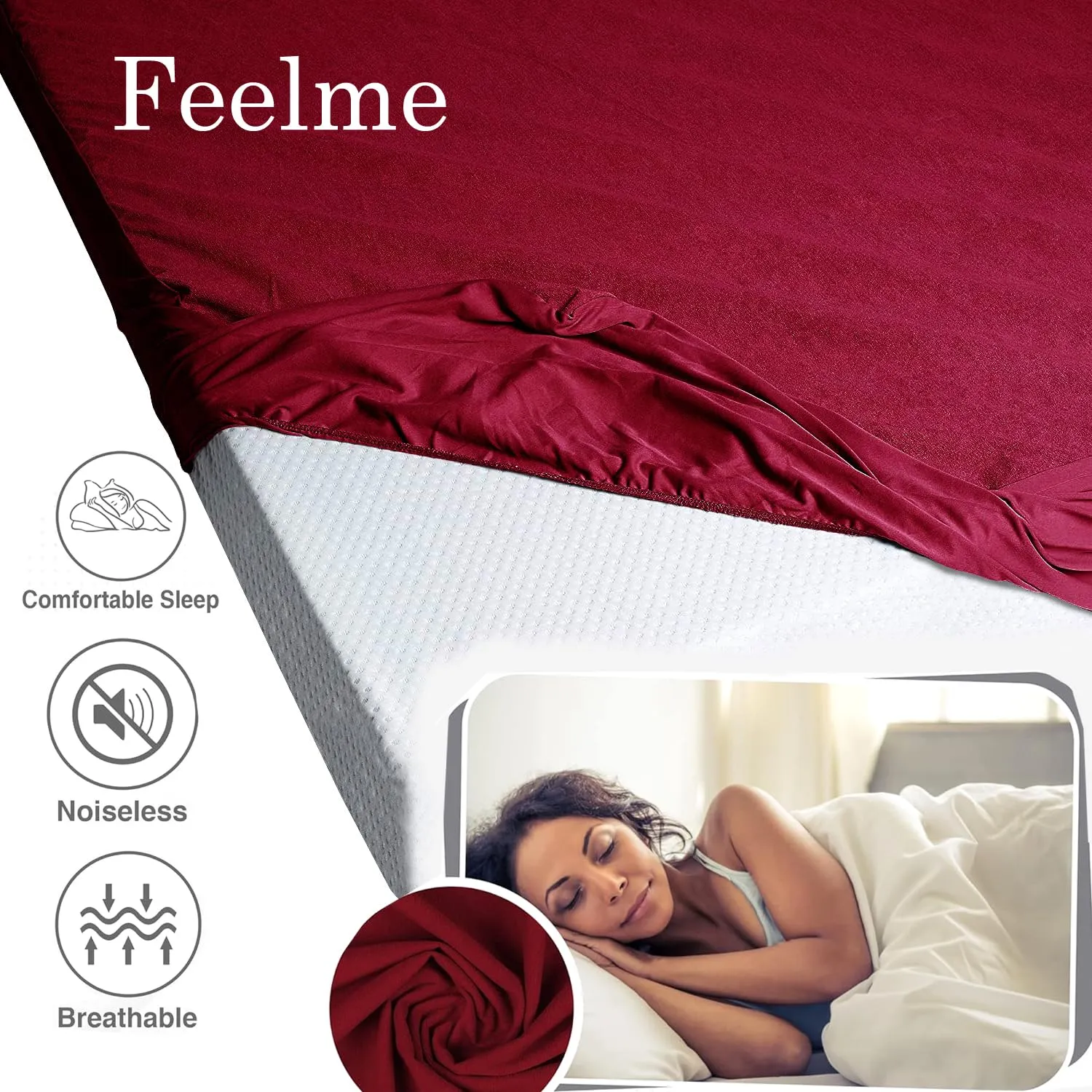 Feelme Terry Cotton Mattress Protector Queen Size Waterproof Bed Cover (75x60, Maroon)