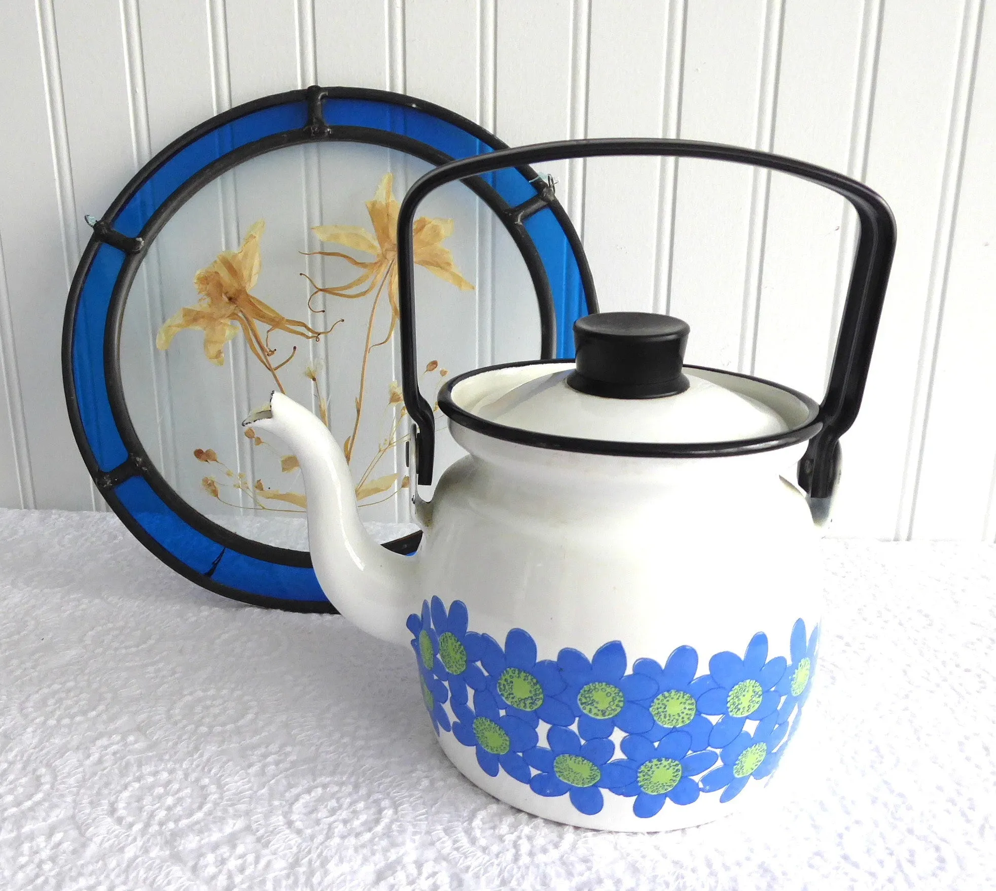 Finel Arabia Finland Enamel Teapot Tea Kettle Sinivuokko Scandanavian 1970s Esteri Tomula