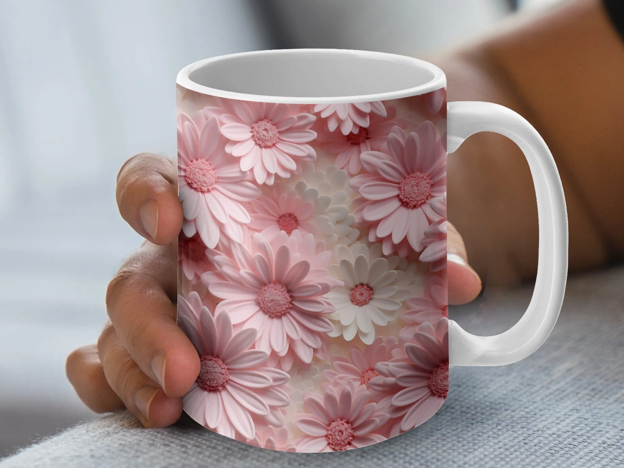 Floral Mug, Pink Daisy Print, Mother's Day Gift, Flowers Coffee Cup, Spring Bloom Kitchenware, Birthday Present, Cute Mug for Her