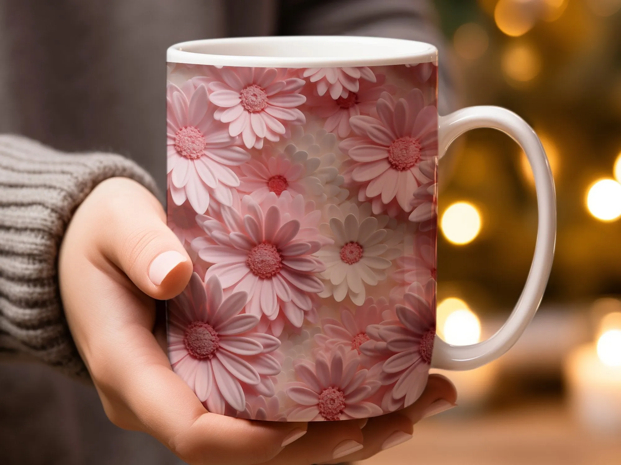 Floral Mug, Pink Daisy Print, Mother's Day Gift, Flowers Coffee Cup, Spring Bloom Kitchenware, Birthday Present, Cute Mug for Her