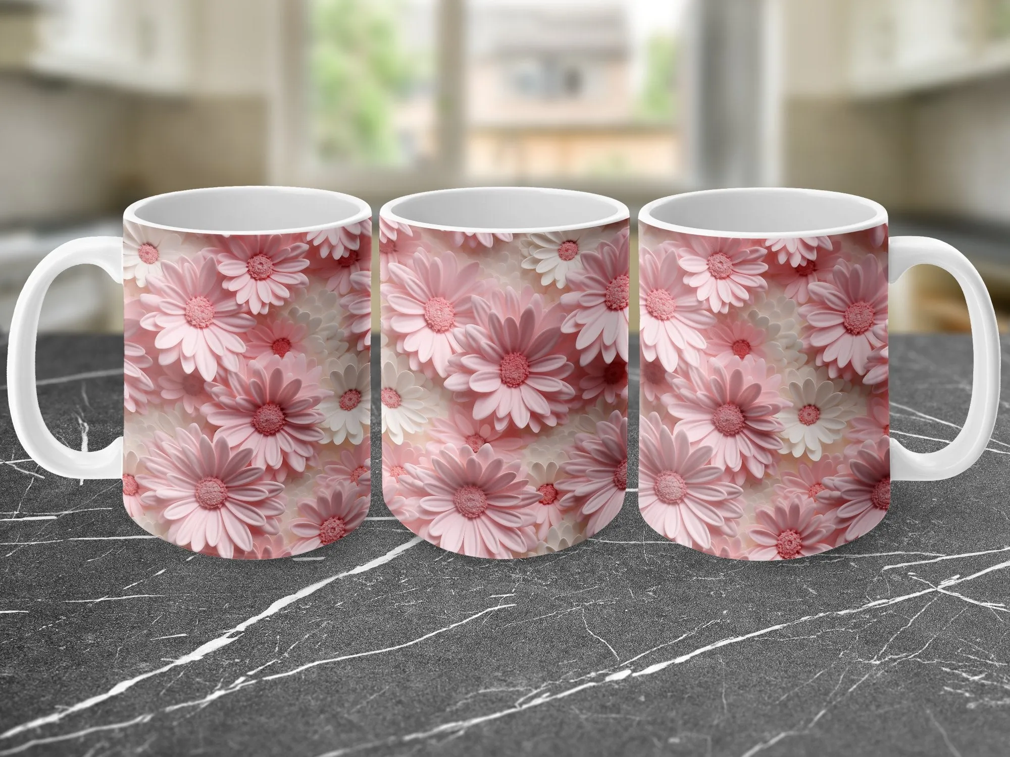 Floral Mug, Pink Daisy Print, Mother's Day Gift, Flowers Coffee Cup, Spring Bloom Kitchenware, Birthday Present, Cute Mug for Her