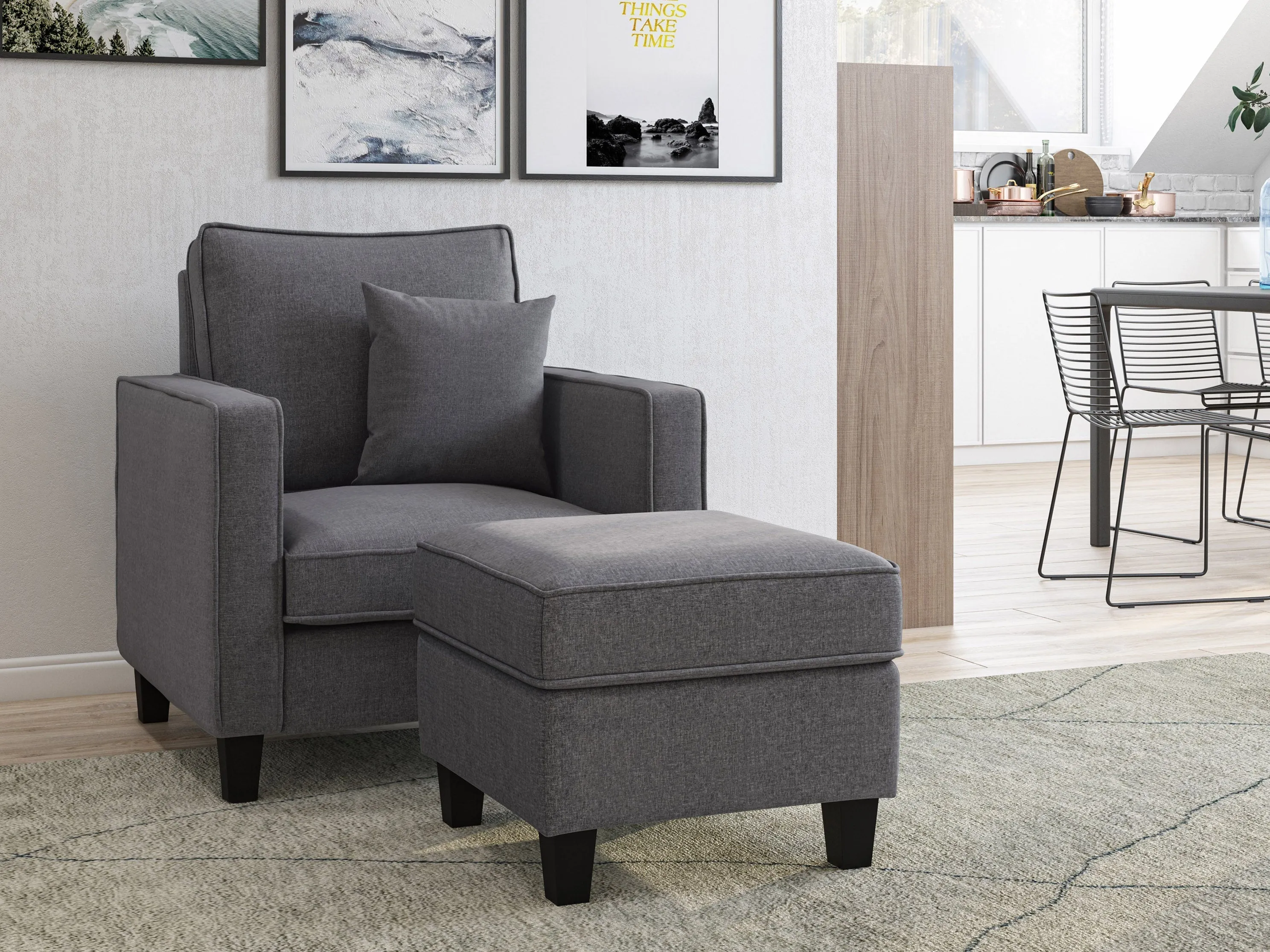 Grey Fabric Arm Chair with Ottoman