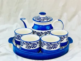 HAND PAINTED MORNING SET WITH TEA CUP, KETTLE AND TRAY SET OF 6