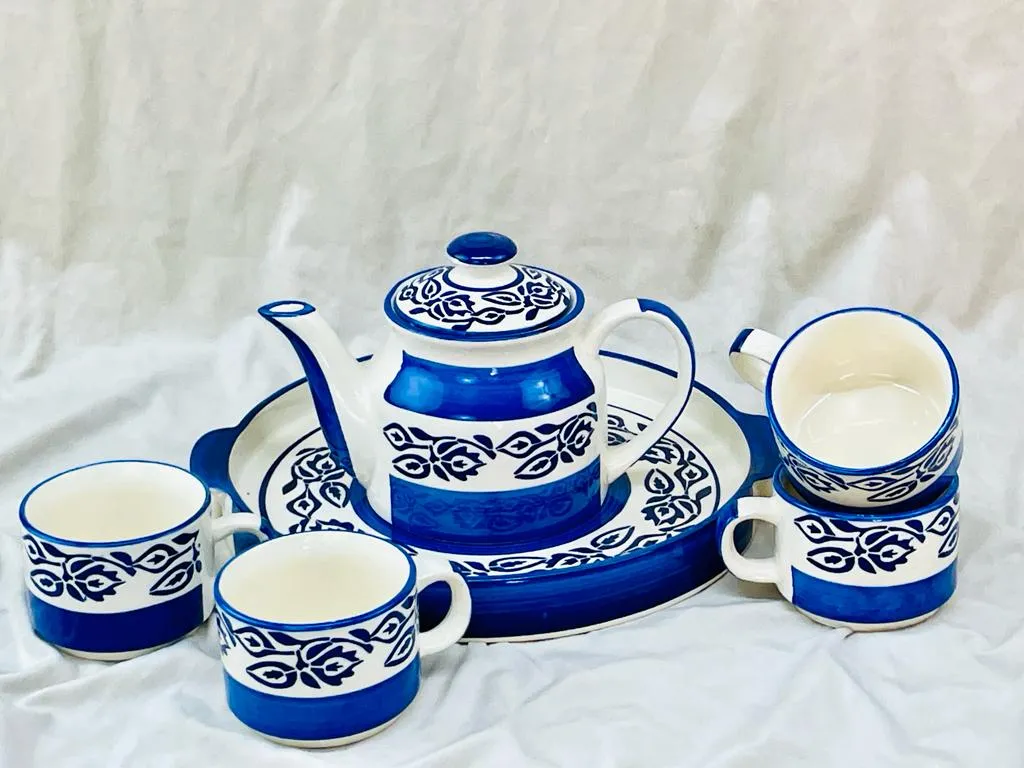 HAND PAINTED MORNING SET WITH TEA CUP, KETTLE AND TRAY SET OF 6