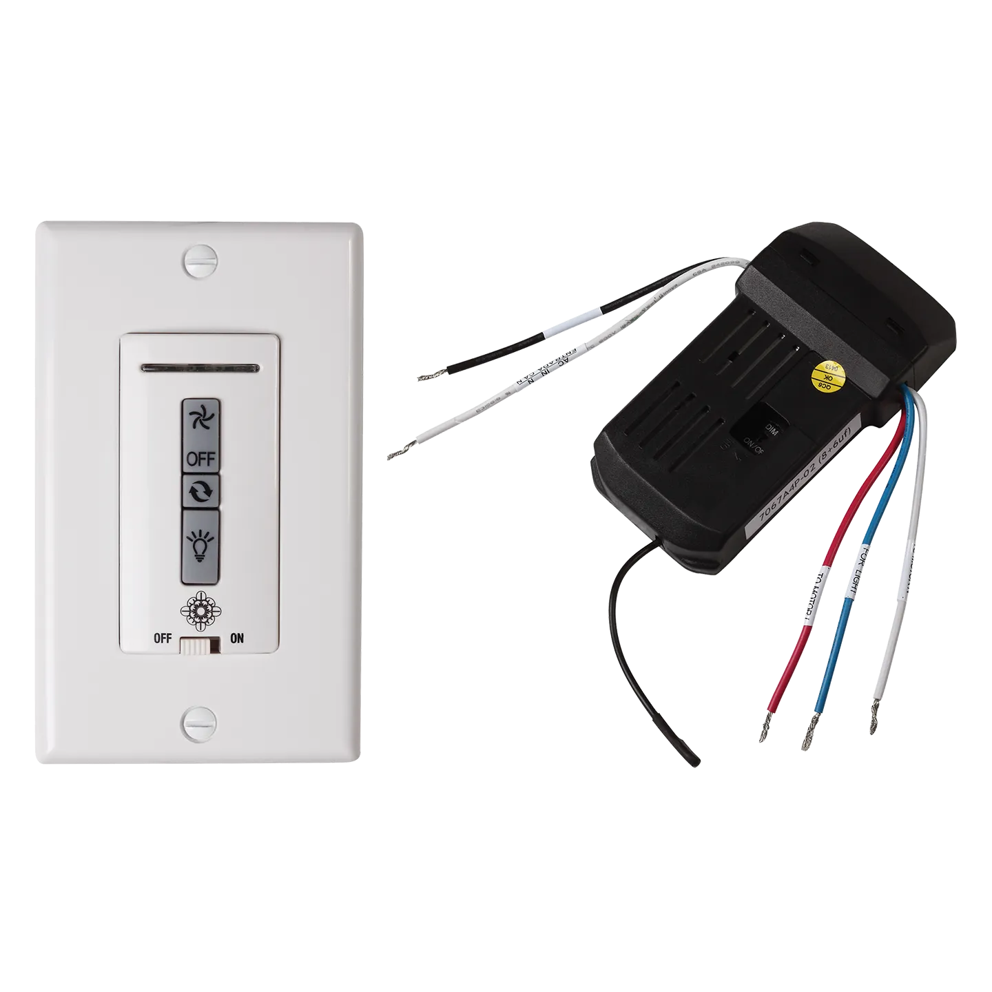 Hardwired wall remote control/receiver. Fan speed and downlight control. (non-reversing)