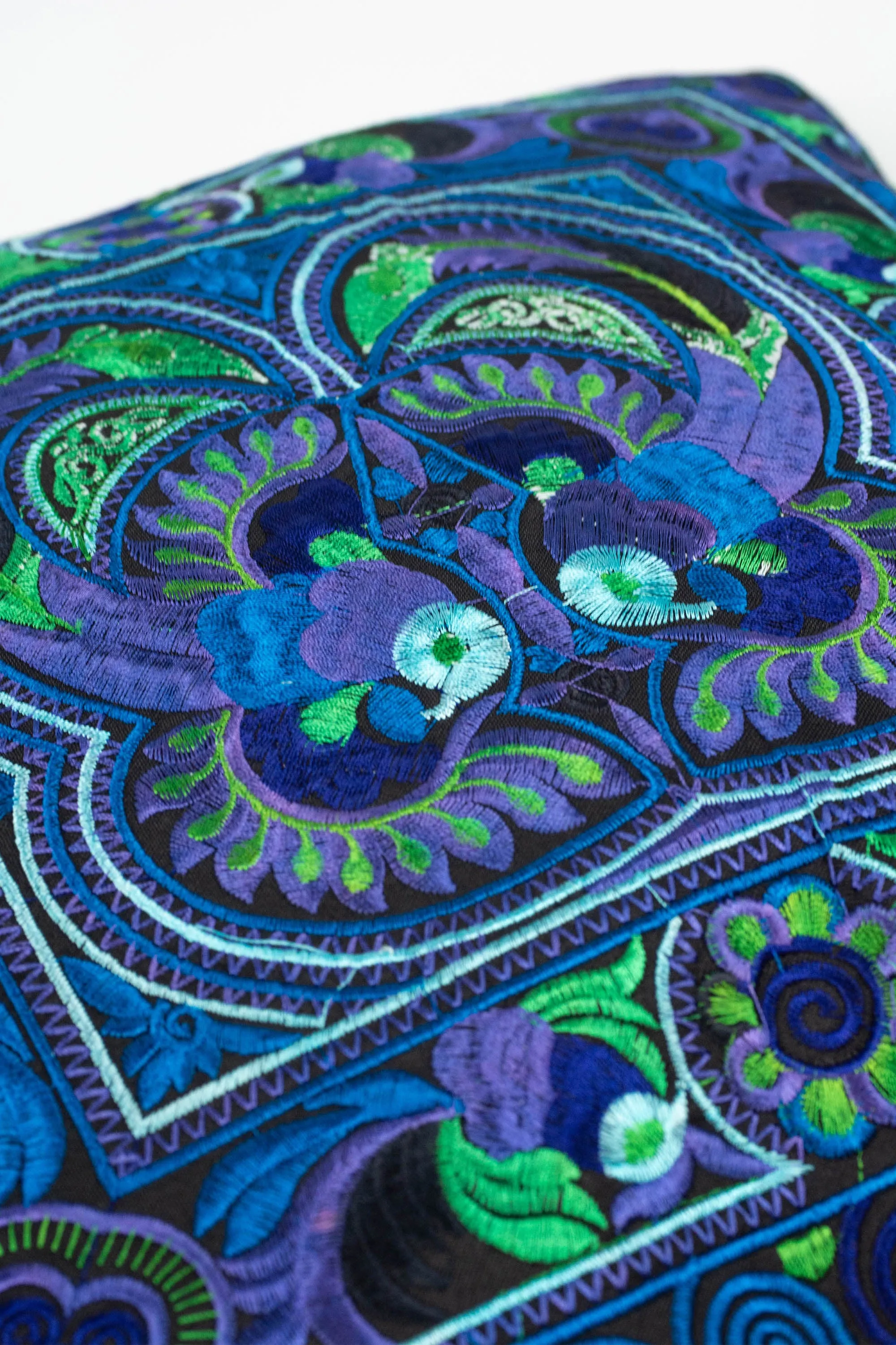 Hmong Hill Tribe Embroidered Peacock Pillowcase in Blue