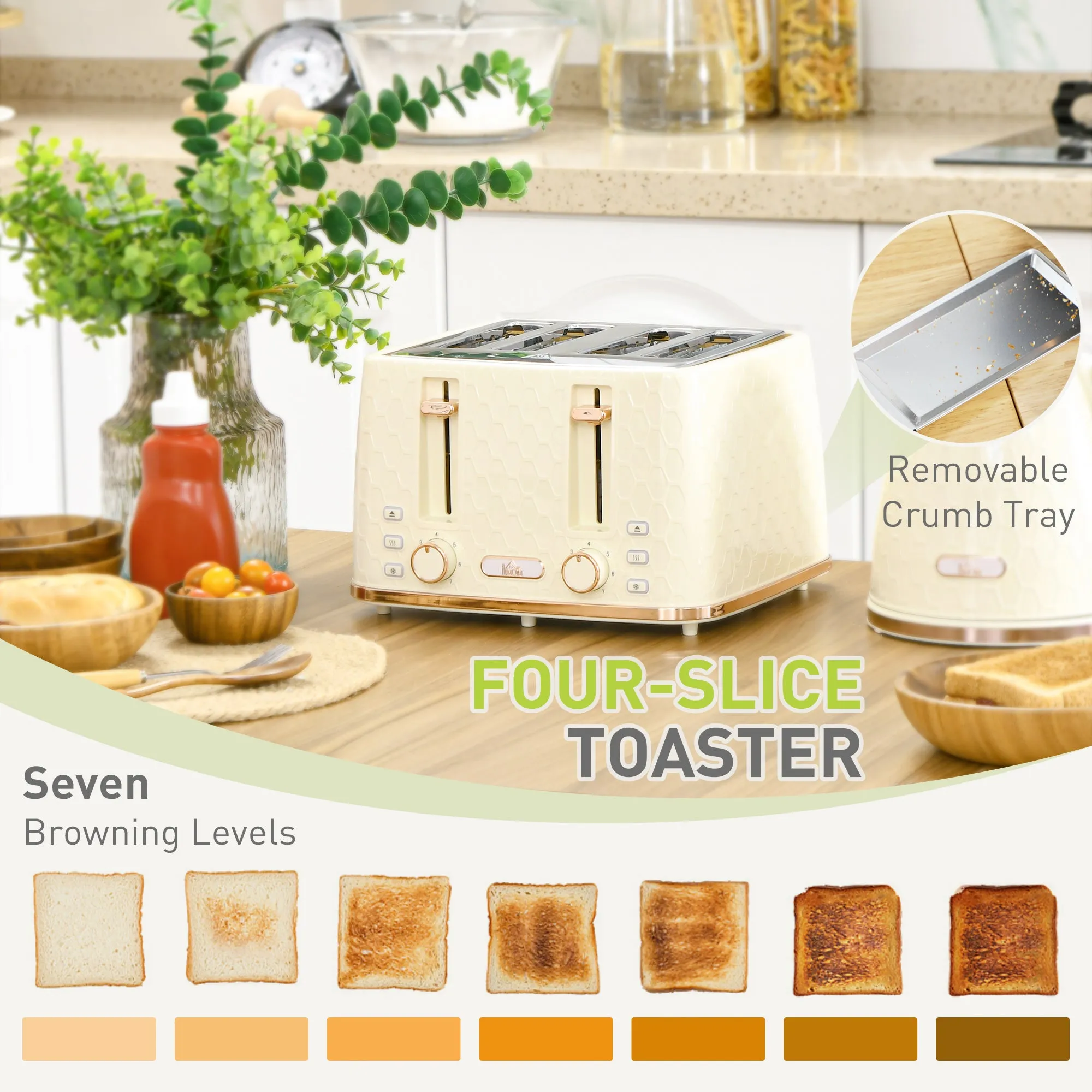 HOMCOM 1.7L Kettle and Toaster Set with Defrost Reheat and Crumb Tray Beige