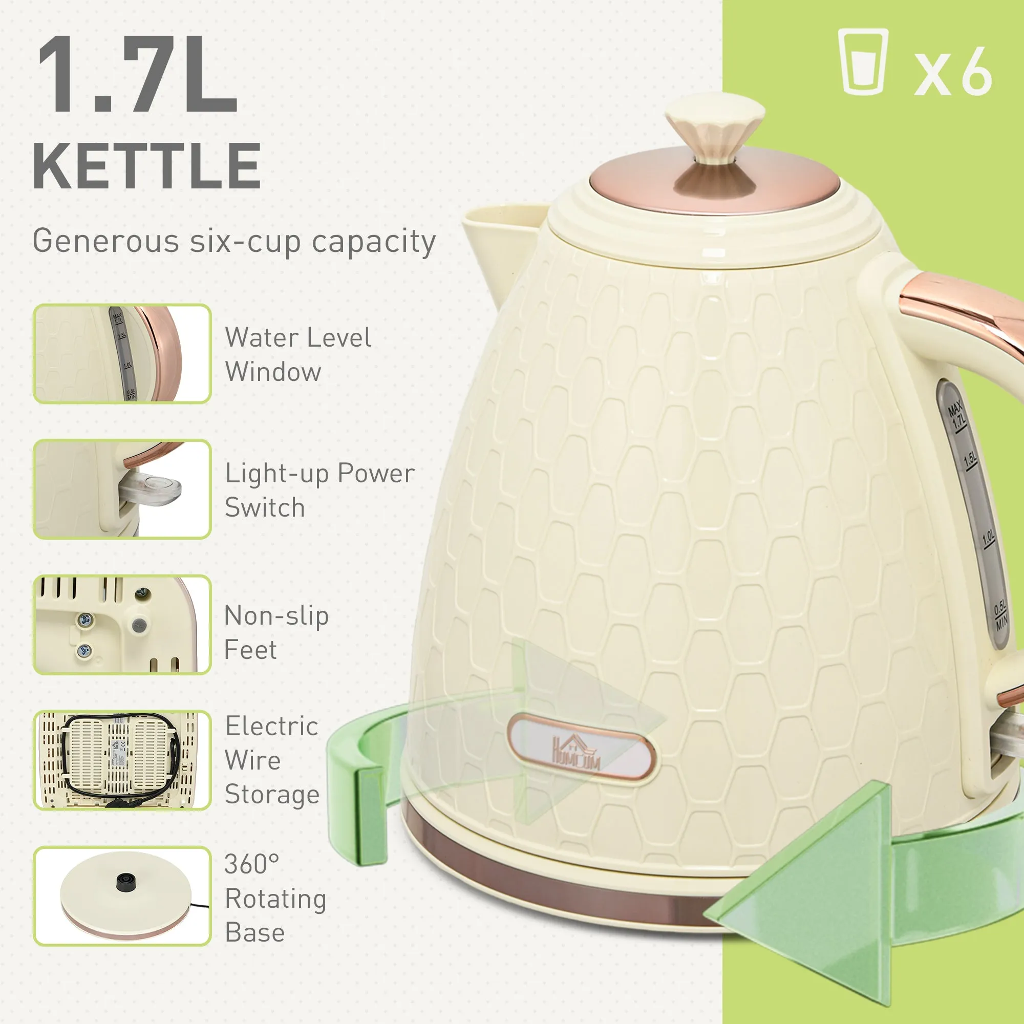 HOMCOM 1.7L Kettle and Toaster Set with Defrost Reheat and Crumb Tray Beige