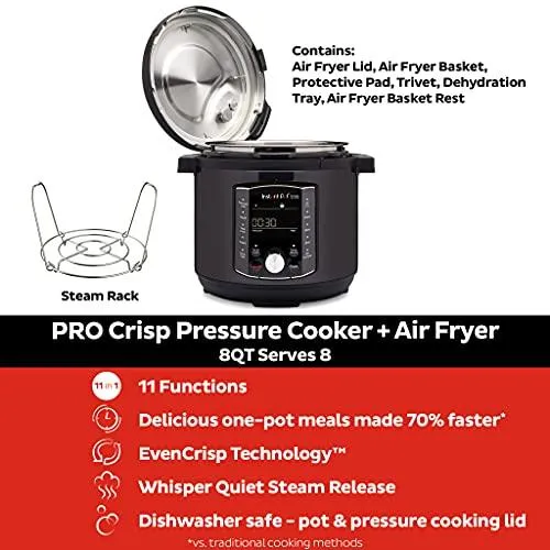 Instant Pot Pro Crisp 11 in 1, Electric Pressure Cooker with Air Fryer Combo, Roast, Bake, Dehydrate, Slow Cook, Rice Cooker, Steamer, Saute, 8 Quart, 14 One-Touch Programs