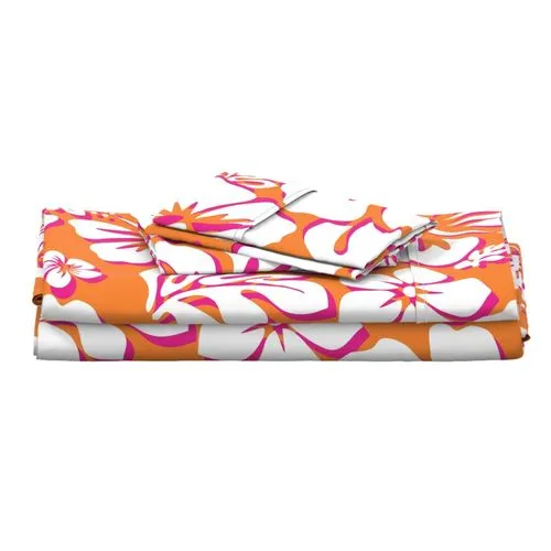 Juicy Orange, White and Surfer Girl Pink Hawaiian and Hibiscus Flowers Sheet Set from Surfer Bedding™️ Medium Scale