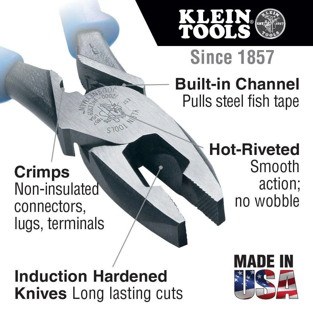 Klein Tools J2000-9NECRTP Side Cutter Linemans Pliers with Tape Pulling and Wire Crimping, High Leverage, 9-Inch