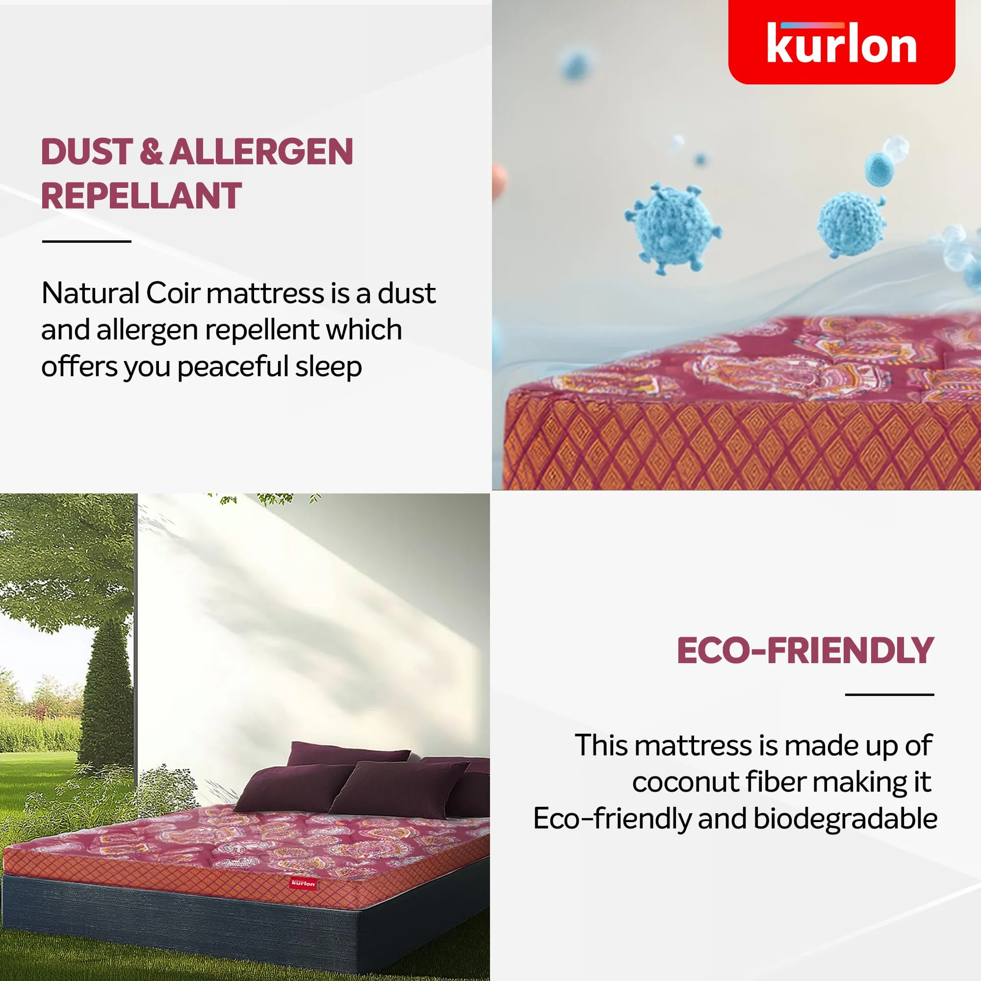 Kurlon Natural Coir Pad Mattress | Rubberized Coir | Breathable Fabric |Medium Firm Support| Natural Cooling | PU Foam Quilting | Premium Finish | Single Size | 72x36x4 | 5 Yrs Warranty