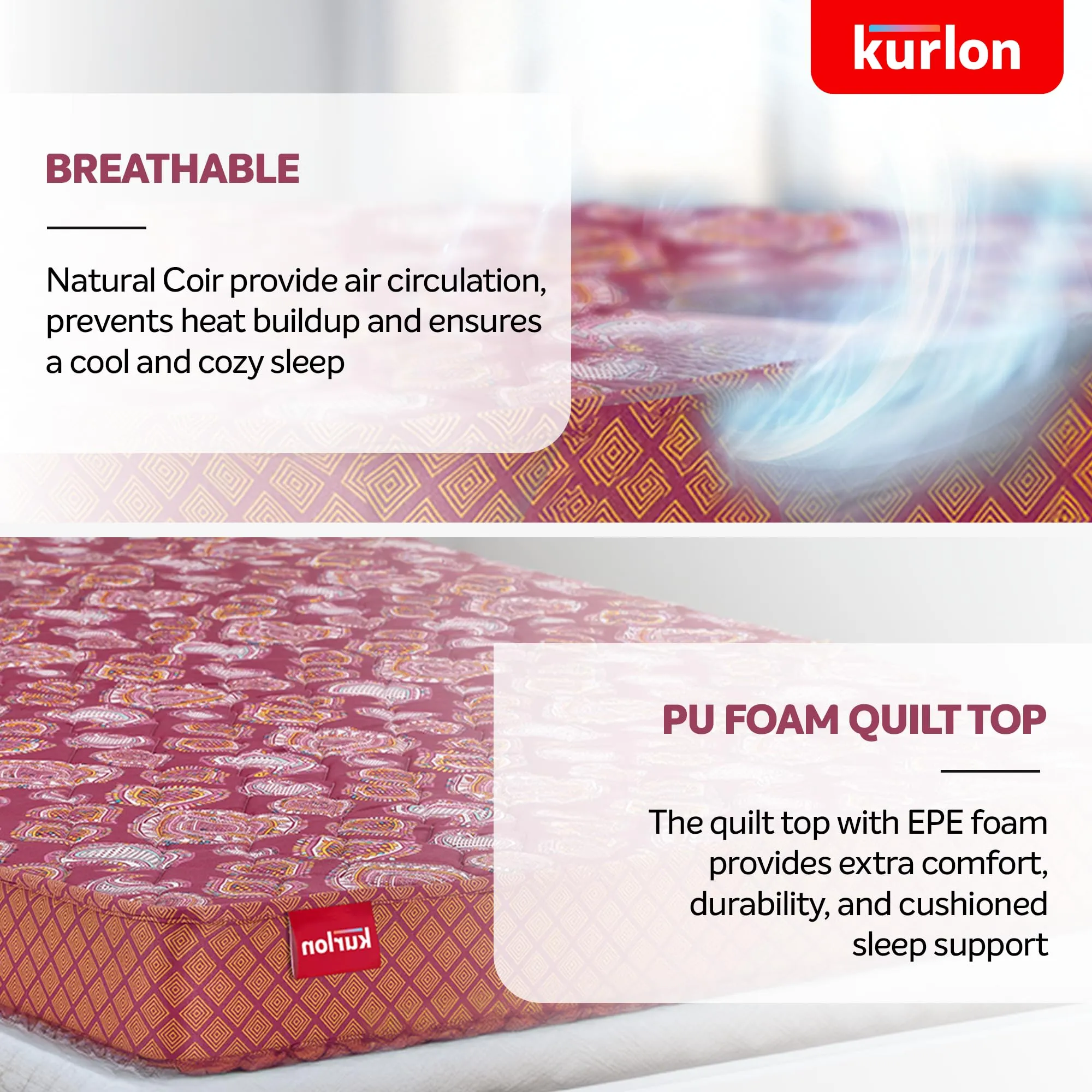 Kurlon Natural Coir Pad Mattress | Rubberized Coir | Breathable Fabric |Medium Firm Support| Natural Cooling | PU Foam Quilting | Premium Finish | Single Size | 72x36x4 | 5 Yrs Warranty